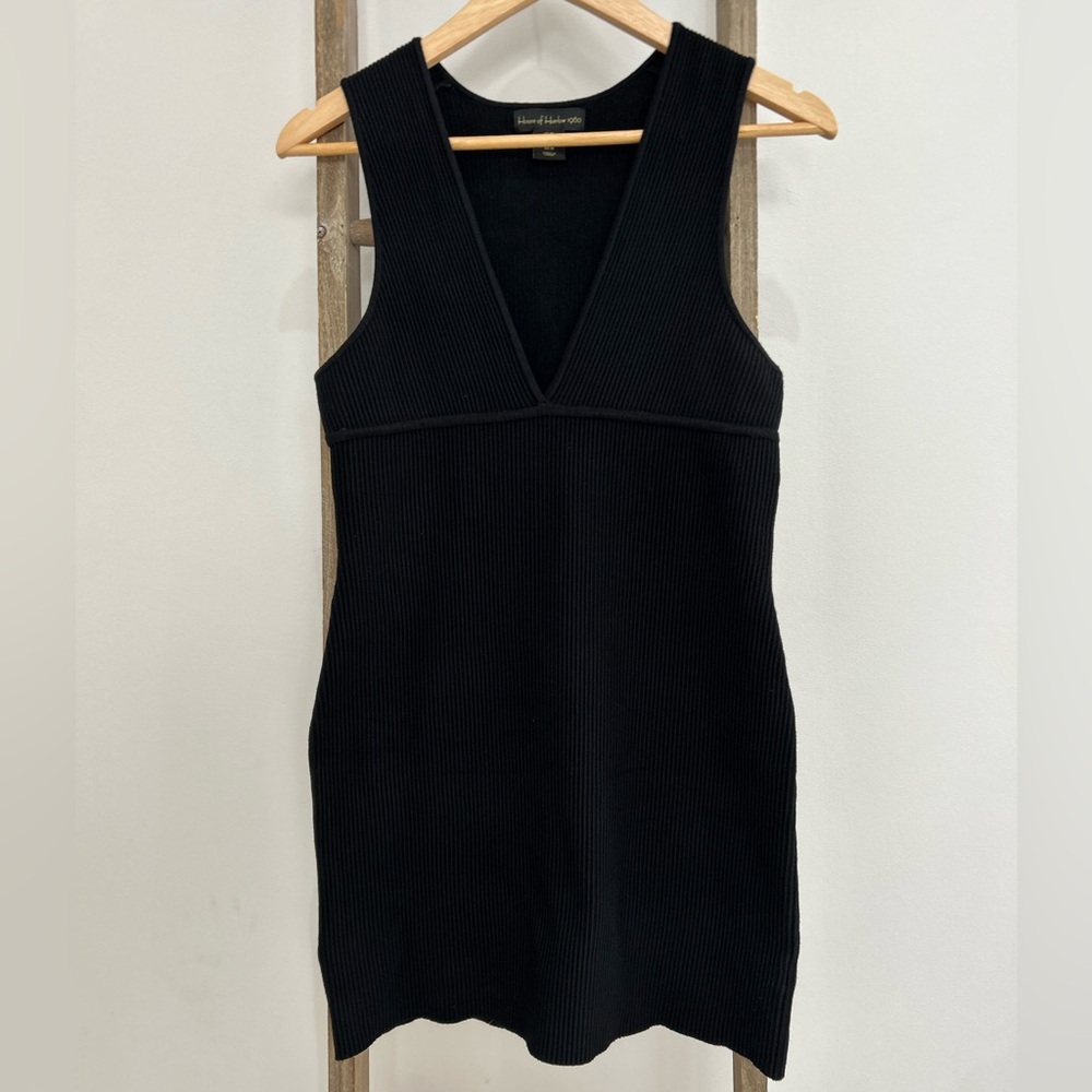 House of Harlow 1960 Black Ribbed Knit Plunge V-Neck Mini Dress Women’s Size M